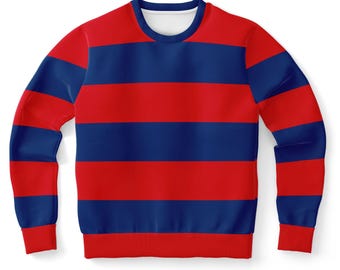 Red and Blue Striped Sweatshirt, Wide Horizontal Stripes Crewneck Fleece Cotton Sweater Jumper Pullover Men Women Adult Designer Top