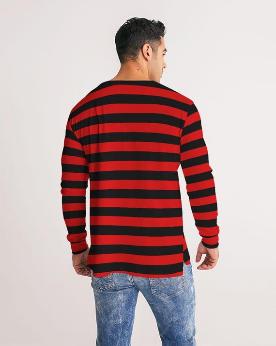 赤と黒のストライプ柄メンズ長袖Tシャツ、ワイドストライプユニ
