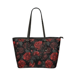 Rose Einkaufstasche Geldbörse, Rot Schwarz Gothic Blumen Blumen Druck Handtasche Frauen Vegan Leder Zip Top klein groß Designer Schulter Arbeit Damen