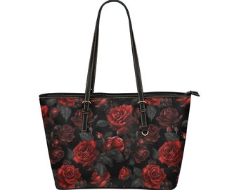 Rose Tote Bag Purse, Red Black Gothic Floral Flowers Print Handbag Women Vegan Leather Zip Top Small Large Designer Shoulder Work Ladies