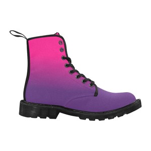 May include: Pink and purple ombre canvas lace-up boots with black laces and a black rubber sole.