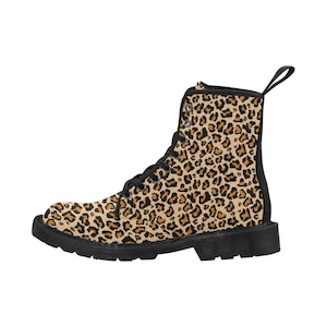 Leopard Women&#39;s Boots, Animal Print Vegan Canvas Lace Up Shoes, Black Brown Cheetah Print Army Ankle Combat, Winter Casual Custom Gift