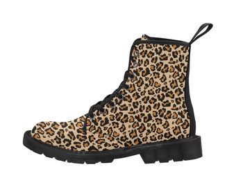 Leopard Women's Boots, Animal Print Vegan Canvas Lace Up Shoes, Black Brown Cheetah Print Army Ankle Combat, Winter Casual Custom Gift