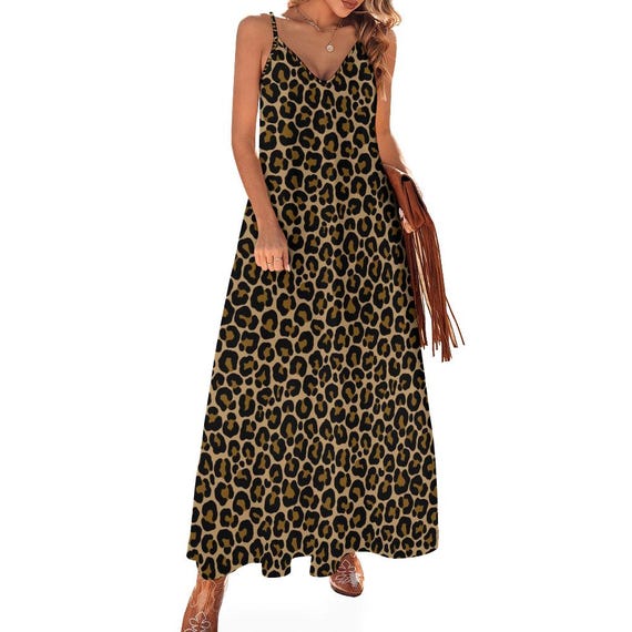 Leopard Print Maxi Dress, Brown Animal Cheetah Long Spaghetti Straps Flowy  Women Sleeveless Casual Cute Designer Plus Size Cocktail Party - Etsy