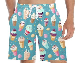 Pantalones cortos de longitud media para hombres de helado, bañadores de playa con conos, bolsillos delanteros y traseros, traje de baño informal con cordón de malla para niños, traje de baño de verano