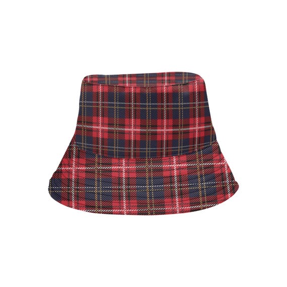 Red Plaid Bucket Hat Cap, Buffalo Plaid Tartan Blue Retro Vintage