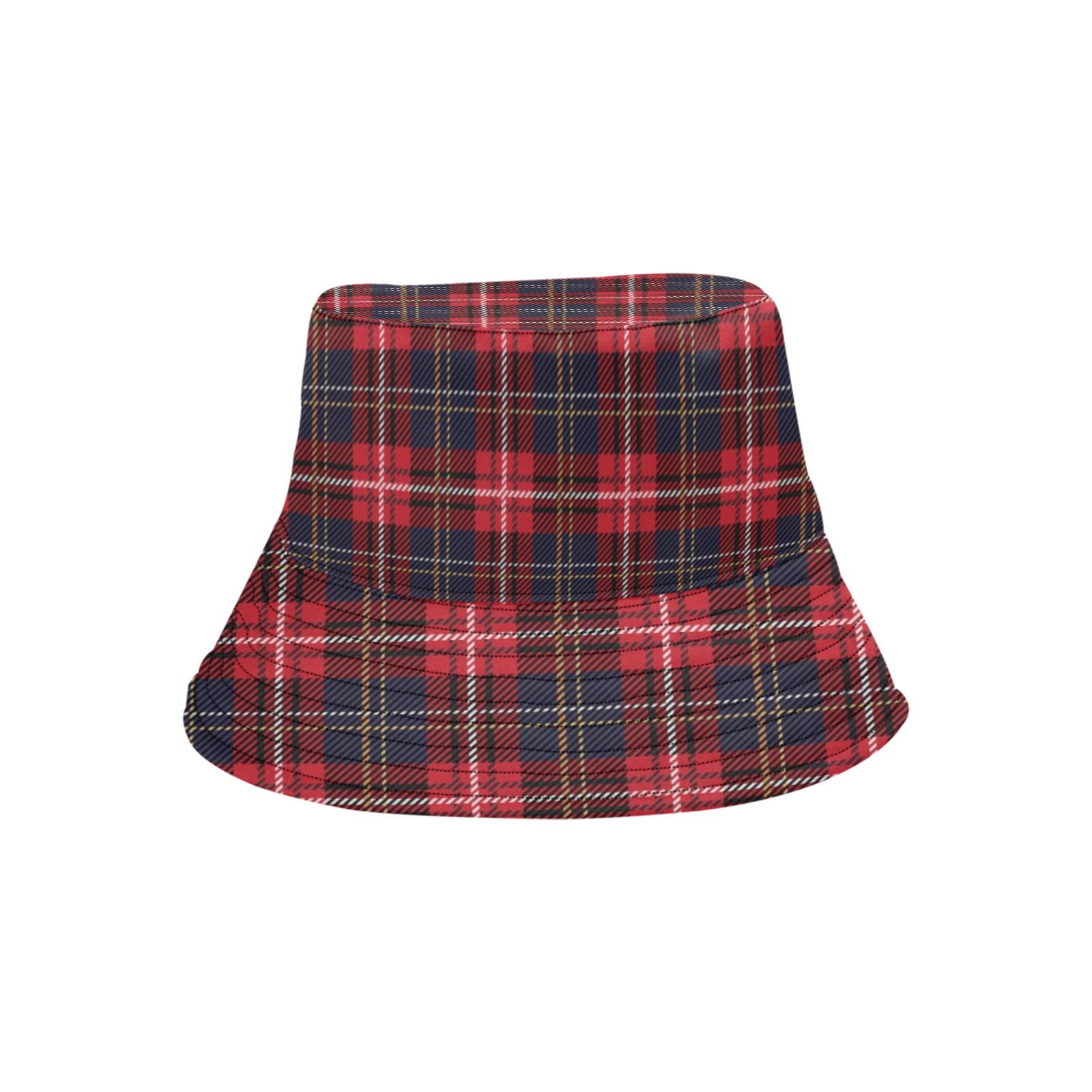 Red Plaid Bucket Hat Cap, Buffalo Plaid Tartan Blue Retro Vintage