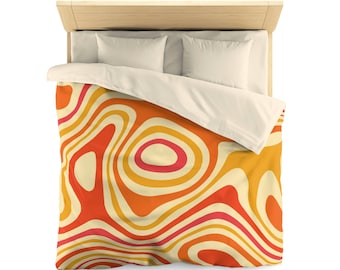 Retro Duvet Cover, 70s Bedding Funky Groovy Orange King Full Queen Twin XL Unique Microfiber Cool Vibrant Bed Home Bedroom Décor