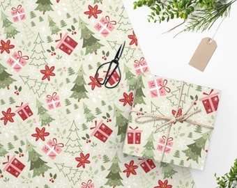 May include: Festive wrapping paper featuring a pattern of green Christmas trees, red gift boxes, and red poinsettias on a light beige backdrop. A wrapped present and scissors are also visible.