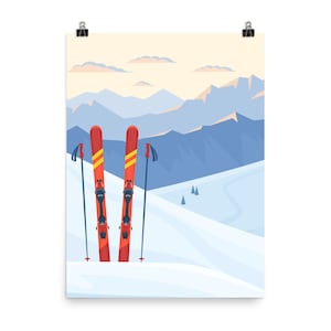 Ski Poster, Vintage Retro Skiing Pastel Winter Snow Mountain Area Lodge Wall Art Vertical Travel Artwork Small Large Cabin Decor Print