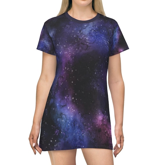 Galaxy Space T Shirt Dress Women, Constellation Cosmic Stars Purple Print Universe Celestial Party Rave Festival Girls Tee Ladies M