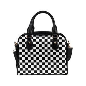 Sac à main à carreaux avec bandoulière, mignon noir blanc Check Racing Plaid Vegan Faux cuir PU femmes sac à main de créateur