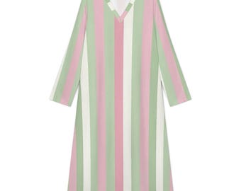 green and pink striped dress Long Sleeve Midi Dress, V-neck Pastel White Women Ladies Casual Cute Designer Elegant Cocktail Summer material_wood