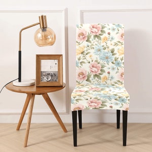 Vintage Floral Dining Chair Seat Covers, Blue Pink Pastel Flowers Retro Stretch Slipcover Furniture Dining Kitchen Room Stool Home Decor