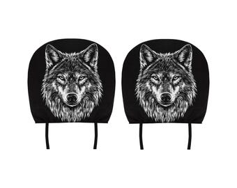 Funda para reposacabezas de asiento de coche con bandera de lobo (2 piezas), protector decorativo para vehículo, camioneta, todoterreno, furgoneta, estampado de animales en blanco y negro, regalo para coche nuevo