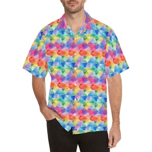 Rainbow Geometric Men Hawaiian shirt, Pride Colorful Tie Dye Vintage Aloha Hawaii Retro Tropical Beach Plus Size Cool Button Down Shirt