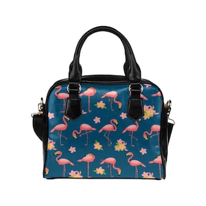 Cute Pink Flamingo Purse, Tropical Animal Black Blue Print Small Shoulder Vegan Leather Women Designer Zipper Strap Handbag Crossbody Bag