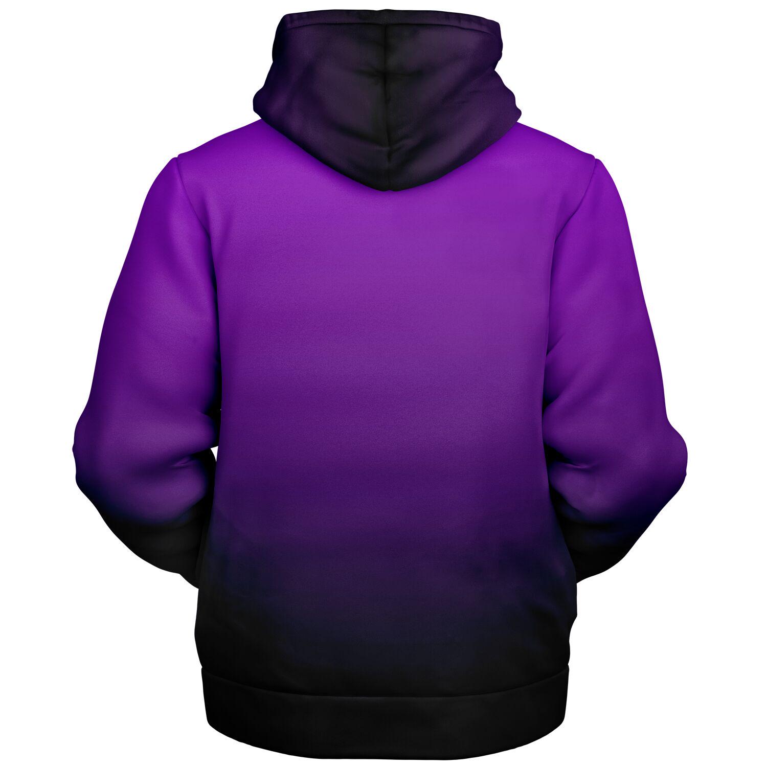 Black Purple Ombre Zip up Fleece Lined Hoodie, Gradient Tie Dye