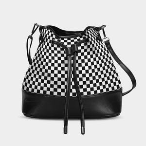 Mini sac seau à carreaux noir et blanc, sac à main Racing Check pour femme, toile, cuir végétalien avec cordon de serrage, petite bandoulière