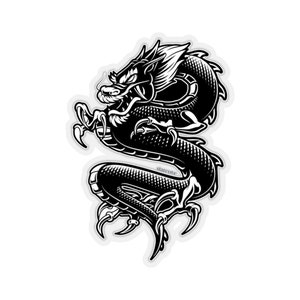 Può includere: Illustrazione in bianco e nero di un drago avvolto con artigli affilati e un'espressione feroce.