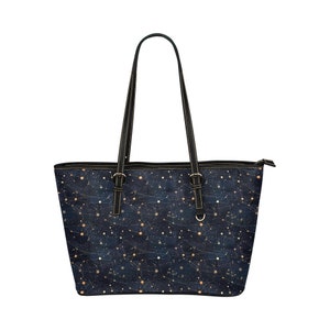 Bolso de mano Constellation, Galaxy Space Celestial Print Bolso de cuero vegano con cremallera en la parte superior del hombro del diseñador Pequeñas y grandes mujeres