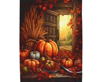 May include: A fall-themed illustration featuring pumpkins, gourds, and wheat stalks. The scene is set near an open wooden door, with autumn leaves and a glimpse of a sunset. The color palette includes shades of orange, brown, and green.