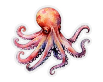 Octopus Sticker, Watercolor Art Laptop Decal Vinyl Cute Waterbottle Tumbler Car Waterproof Bumper Aesthetic Die Cut Wall Clear