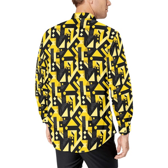 Black Yellow Geometric Long Sleeve Men Button Up Shirt, Abstract Modern Print Casual Buttoned Collared Designer Dress Shirt Chest Pocket Black Yellow Geometric Long Sleeve Men Button Up Shirt, Abstract Modern Print Casual Buttoned Collared Designer Dress Shirt Chest Pocket
