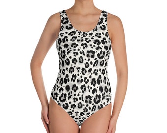 Snow Leopard Print Swimsuit, Cheetah Animal Print Bathing Suit, White Black Swimwear, Cute Designer Sexy Summer Women One Piece Swimsuit