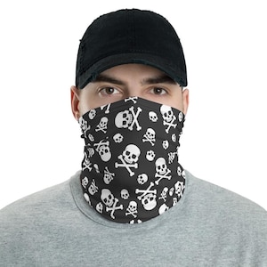 Skull Face Mask Neck Gaiter, Bones Skeleton Fabric Shield Fashion Biker Half Headband Scarf Wristband Bandanna