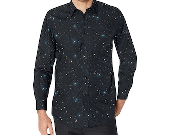 Sternbild Weltraum Langarm Männer Hemd mit Knöpfen, Universum Sterne Galaxy Print Kleid Jungs männlich geknöpft Kragen Freizeithemd Brusttasche