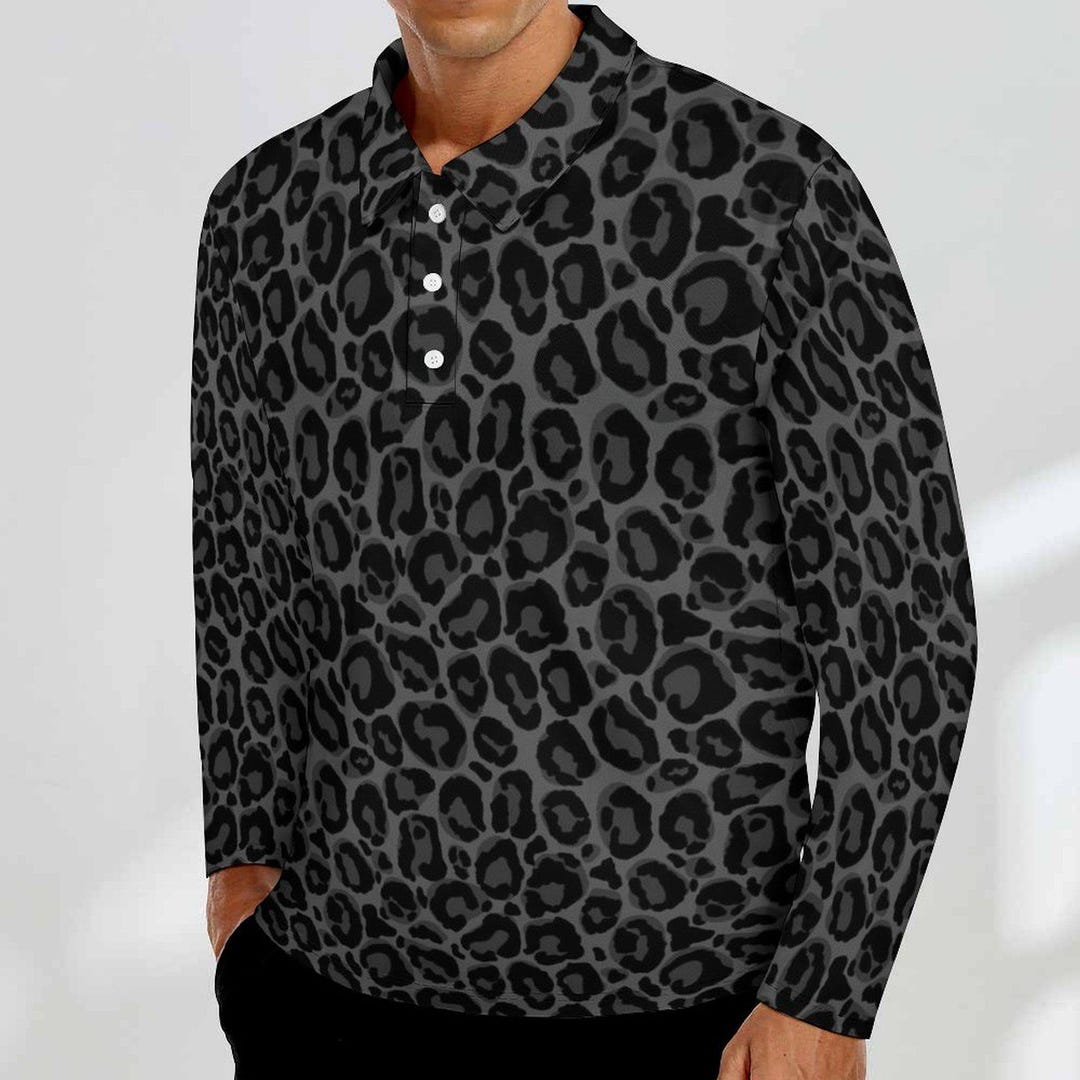 Black Leopard Men Long Sleeve Polo Shirt, Animal Print Grey Slim