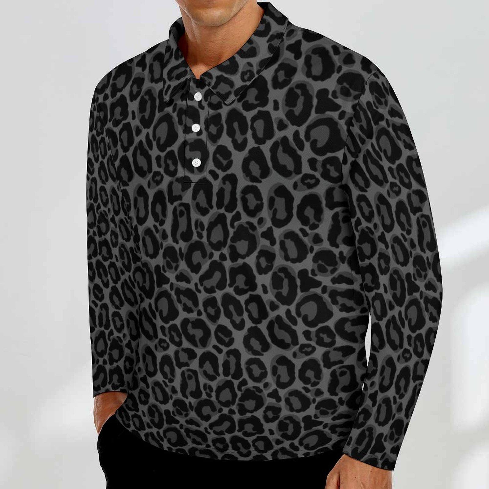 Black Leopard Men Long Sleeve Polo Shirt, Animal Print Grey Slim