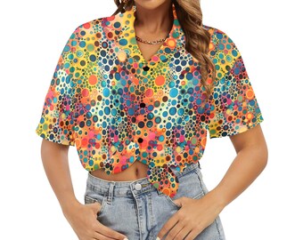 Psychedelic Women Hawaiian shirt, Colorful Dots Art Vibrant Summer Print Vintage Retro Hawaii Aloha Button Up Down Plus Size Ladies Blouse
