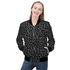 Chaqueta bomber de mujer de leopardo gris negro, estampado de guepardo animal con cremallera para invierno Vintage Varsity Warm Designer Coat Outfit Plus Size Ladies imagen 1