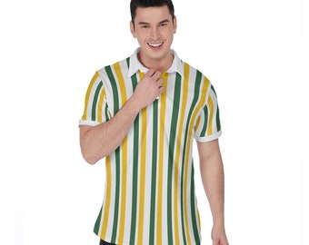 Polo a rayas para hombre, verde, blanco, amarillo, rayas, tenis, golf, informal, verano, abotonado, con cuello, manga corta, camiseta deportiva
