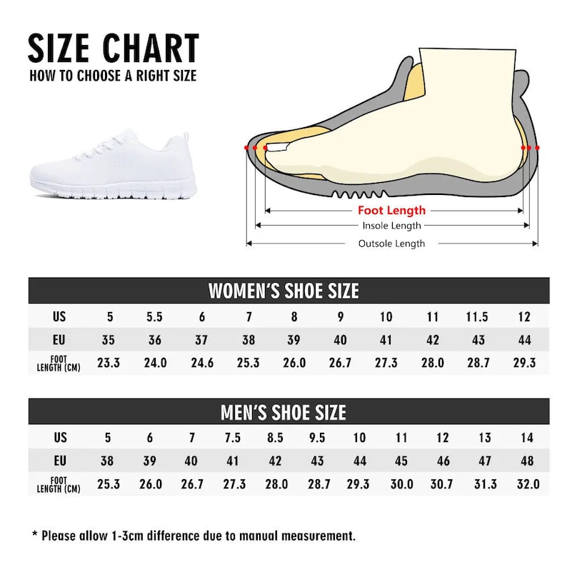 May include: A size chart for women's and men's shoes. The chart shows US and EU shoe sizes, along with the corresponding foot length in centimeters. The chart also includes a diagram showing how to measure foot length.