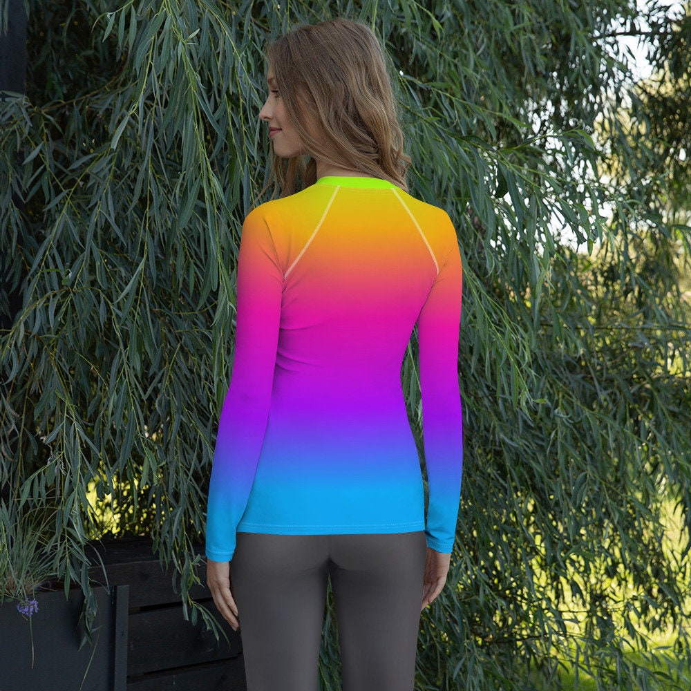 Women's Rash Guard, Pop Rainbow Colors, Neon Tie Dye Surf Wear