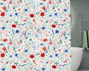 Red Blue Floral Shower Curtain with Hooks Rings, Nature Flowers White Fabric Waterproof Unique Bath Bathroom Decor Housewarming Home Gift