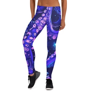 Octopus Tentacles Leggings Women Ladies, Purple Cosplay Halloween Costume Printed Yoga Pants Graphic Workout Running Gym Fun Designer Tights