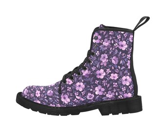 Stivali da combattimento da donna con fiori viola, fiori punk scarpe da ginnastica nere in tela vegana con lacci stampa esercito caviglia escursioni invernali casual donna donna