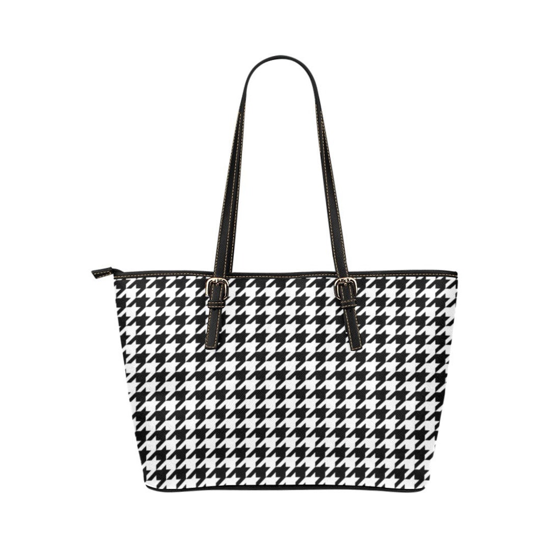 Houndstooth Tote Bag Purse, Black White Print Handbag High