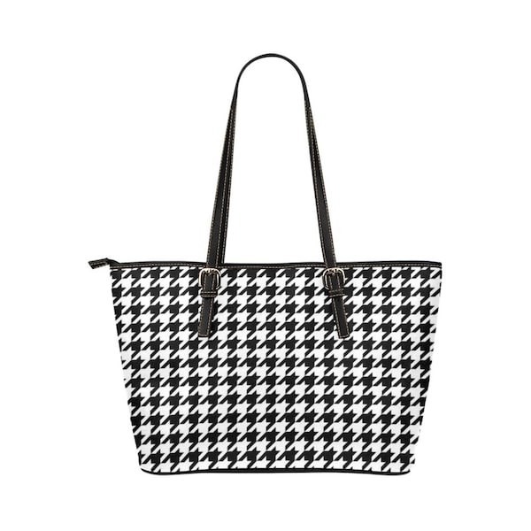 Houndstooth Tote Bag Purse, Black White Print Handbag High Grade Leather Zip on Top Designer Handmade Shoulder Small Large Bag Women