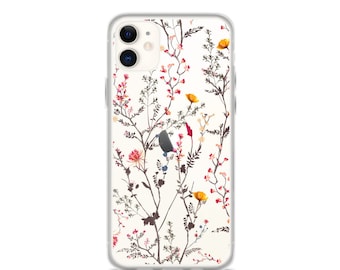 Capa transparente para iPhone 17, 16, 15, 14, 13, 12 Pro Max com estampa botânica de flores silvestres. Também disponível para iPhone 11, SE, XS, XR, X, 8 e 7.