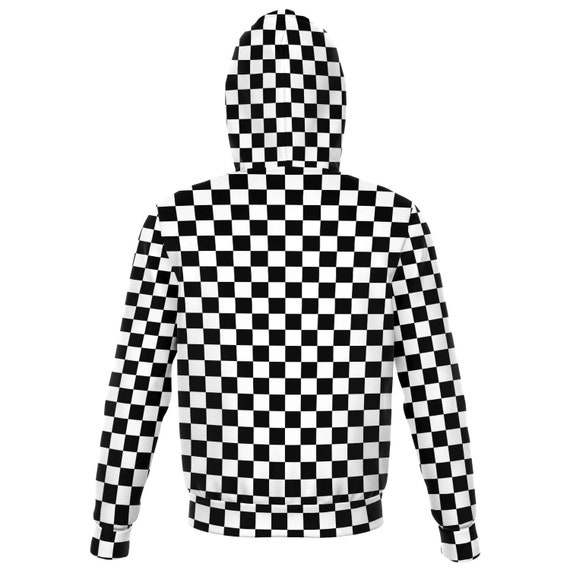 Black White Check Zip up Hoodie, Checkered Racing Front Zip Black White Check Zip up Hoodie, Checkered Racing Front Zip
