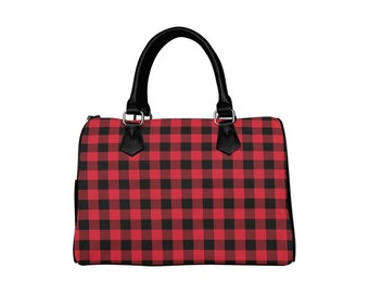Bolso a cuadros de búfalo rojo y negro, bolso de diseñador tipo Boston con asa superior de cuero con estampado de cuadros a cuadros para mujer