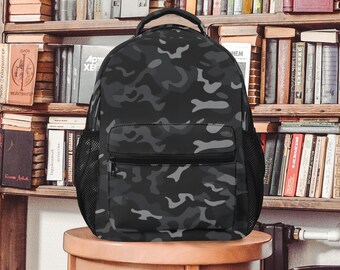 Black Camo Backpack, Camouflage Grey Gray Men Women Kids Gift School College Cool Waterproof Side Pockets Laptop Designer Aesthetic Bag
