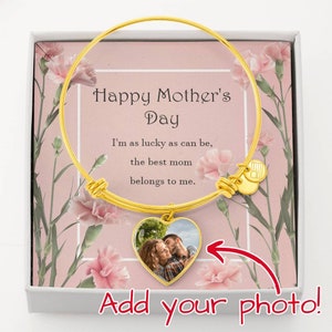 Happy Mother's Day Photo Bangle Bracelet, aangepaste gepersonaliseerde foto moeder oma hart gouden cadeau anjers bloemen bericht kaart sieraden