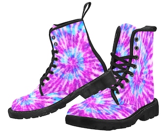 Purple Tie Dye Women's Boots, Pink Blue Party Festival Vegan Canvas Lace Up Ladies Shoes Print Army Ankle Combat Winter Custom Gift