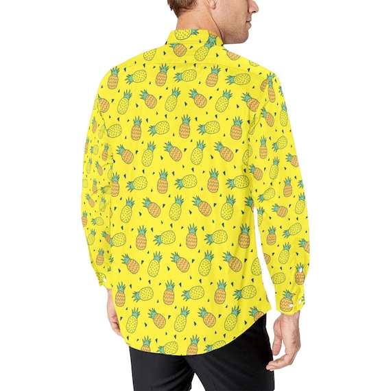 pineapple dress shirt Yellow Pineapple Long Sleeve Men Button Up Shirt, Summer Fruit Print Dress Buttoned Collar Dress Shirt with Chest Pocket